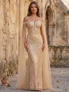 Vestido de noche de sirena con destellos de perlas, adecuado para invitados de boda, fiestas formales, elegante vestido largo ajustado con hombros descubiertos para fiesta de primavera - Champán - Ver 4