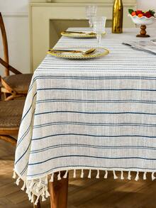 1pc American Retro Minimalist Polyester Linen Tassel Tablecloth, Heat-Resistant Rectangular Tablecloth Suitable For Kitchen, Dining Table, Coffee Table, TV Cabinet, Family Gathering, Outdoor Picnic - Multicolor - View 2