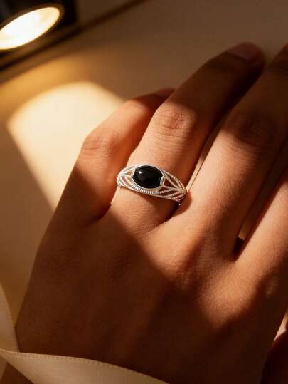 1pc S925 Sterling Silver Lightweight Luxury Oval Ring, Unique Personalized Delicate Niche Design Hollow Feather Adjustable Open Ring, Minimalist Style Versatile Accessory Gift