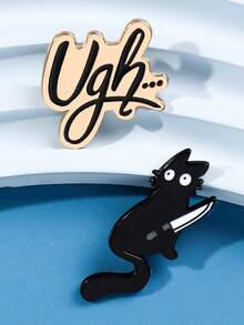 2件套趣味小众黑猫持刀胸针，Ugh字母设计，个性化表达时尚配饰徽章套装 - 彩色 - 查看 8