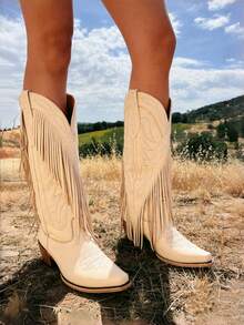 Fashionable Casual Western Boots For Women Tassels Embroidered Block Heel Boots High Heels Slip-On Vintage Women's Boots - 杏色 - 查看 10