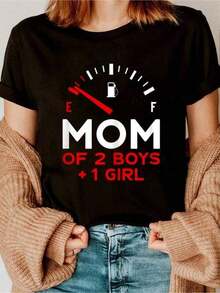 [S-7XL]New Cotton T-Shirt Black Cotton T-Shirt With Print Of Mom Of 2 Boys And 1 Girl, Mother's Day The Best Gift For Mom On Mother's Day - 黑色 - 查看 1