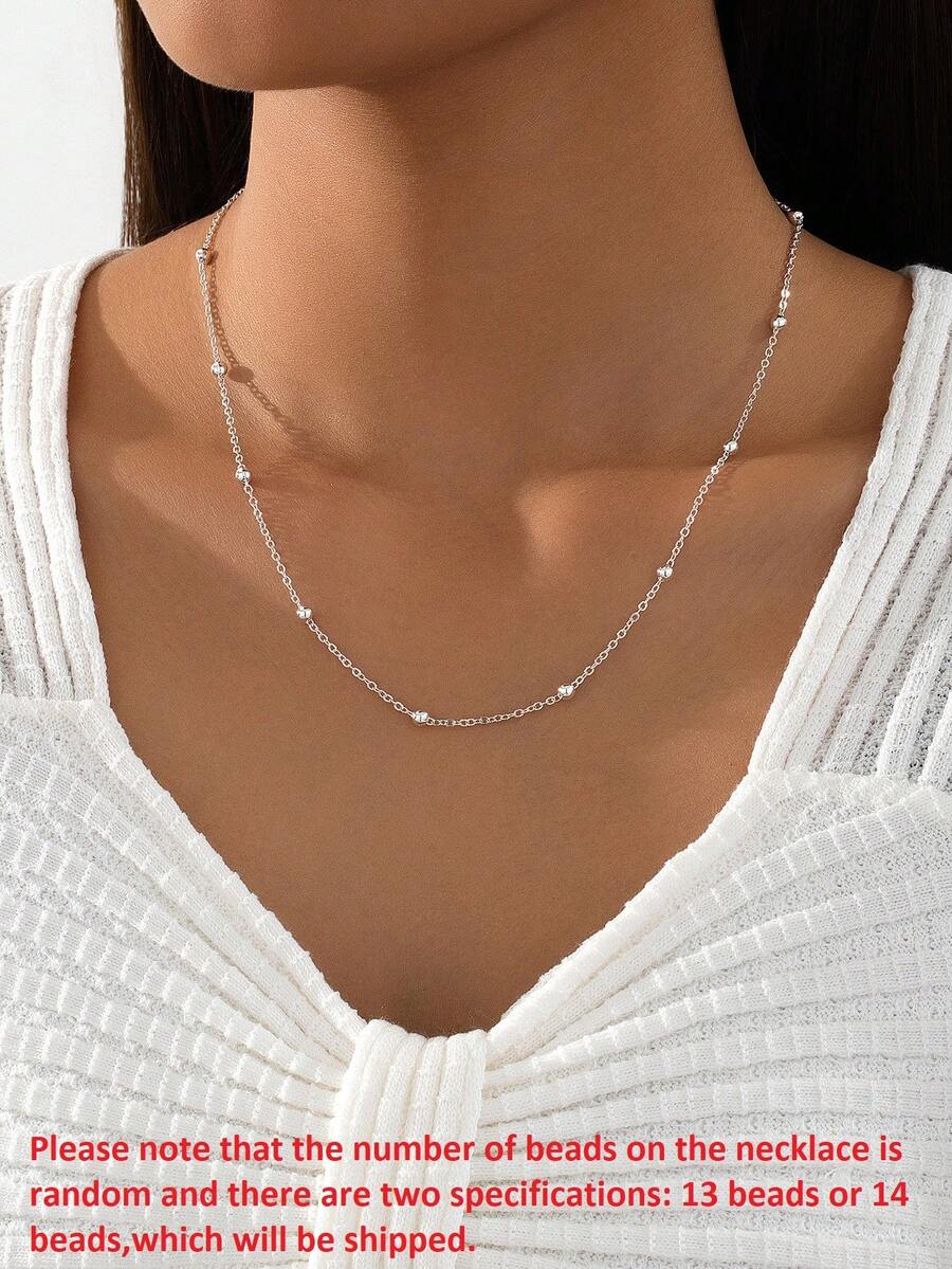 1pc European & American Minimalist Beaded Necklace, Daily Wear (Random Bead Quantity) - Silver - View 1