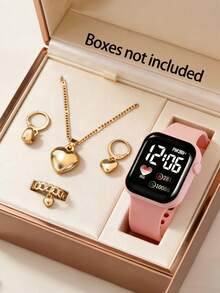 One Digital Watch With Pink Silicone Strap Paired With A 4-Piece Golden Heart Accessory Set, Versatile For Casual Daily Wear And An Ideal Gift Option. - Pink - View 2