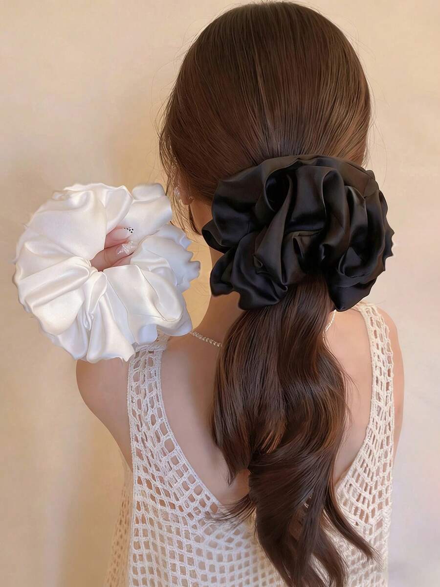 2pcs/1pc Women 14cm/5.51in Super Large Silky Satin Black/White Hair Scrunchies, Fashion Versatile Elegant Minimalist Solid Color Hair Ties, Suitable For Daily Casual, Commute, Vacation, Ponytail, Bun, Face Washing, Makeup, Outfit Matching Hair Elastics Hair Rubber Bands Hair Rope Elastic Hair Tie,Festival,Party - Multicolor - View 1