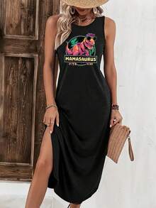 [Polyester Tank Dress] Lightweight Polyester Women's Sleeveless Tank Dress| Dinosaur Graphic Print, Round Neck & Side Pockets, Machine Washable, 180gsm Casual Summer Dress - Xám - Xem 6