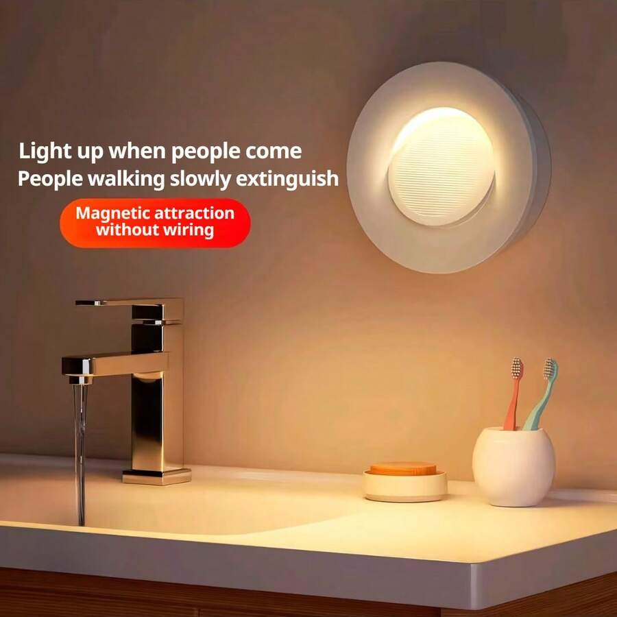 Intelligent Round Motion Sensor Night Light, Soft Warm Light, Gentle Lighting, Suitable For Bedroom, Bathroom, Hallway And Other Scenarios. Lights Up When Detecting People, A Thoughtful Lighting Assistant For Night-Time Use.