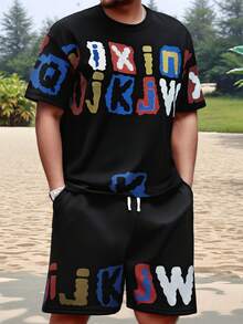 男士T恤套装，宽松T恤上衣和短裤，两件套休闲装，夏季 - 黑色 - 查看 11