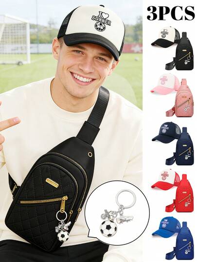 Bộ 3 món unisex gồm mũ lưỡi trai in hình bóng đá + túi đeo ngực dung tích lớn + móc khóa bóng đá, nhiều màu sắc để lựa chọn, thoáng khí, chống nắng, thích hợp cho tập luyện bóng đá, thi đấu, đi làm và các hoạt động ngoài trời, món quà tuyệt vời.
