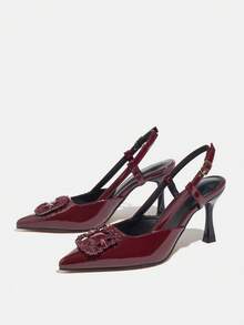Tacones de aguja con hebilla para mujer, estilo versátil europeo y americano para fiestas, uso diario, trabajo, primavera/verano - Burdeos - Ver 3