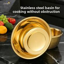 2pcs Stainless Steel Kitchen Set - Includes Thick Multi-Function Colander And Steamer Basket, Suitable For Rinsing Rice, Fruits, Pasta, Soup Pot And Whisk | Dishwasher , Anti-Rust, Space-Saving Design - Golden Drain Net - View 4