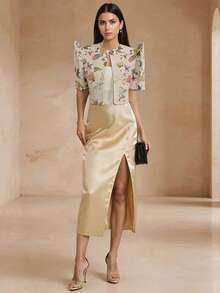 1 chiếc áo khoác cardigan tay cánh bướm in hoa kiểu Philippines, màu sâm panh, cài cúc, thích hợp mặc công sở và thường ngày, mùa xuân/hè. - Rượu sâm banh - Xem 3