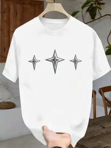 T-Shirt Minimalista Con Stampa A Stella, 100% Cotone, Vestibilità Ampia E Comoda, Stile Street Hip-Hop, Stampa Artistica. - White - View 2