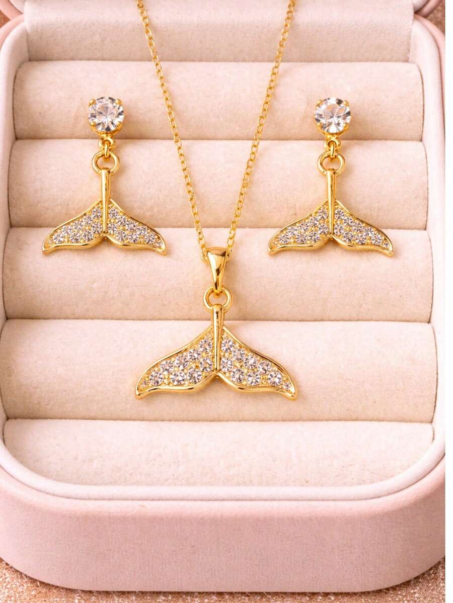 Mermaid Whale Tail Necklace And Earrings Set With Delicate Gold Zirconia - Zirconia - Ver 1