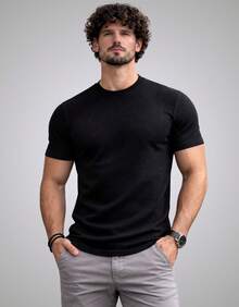 Premium Textured T-Shirt, Men's Casual Textured Knit Shirt - màu đen - Xem 1