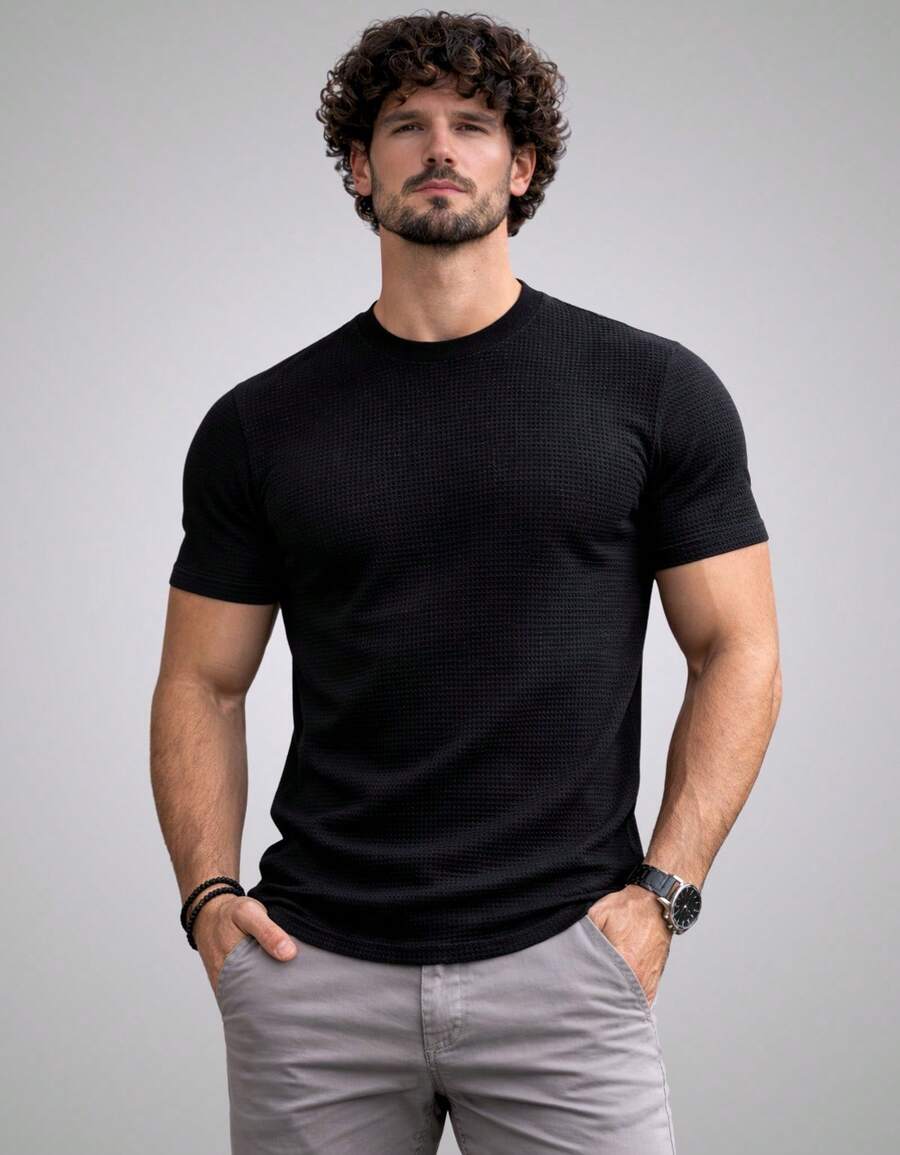 Premium Textured T-Shirt, Men's Casual Textured Knit Shirt - màu đen - Xem 1