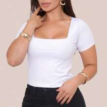 Set Of 2 Basic Women's Baby Look Blouses, Square Neck, Short Sleeve, Cropped, Spandex Fabric With Lining, Shaping, Casual, Versatile, Blogger Style - 黑白 - 查看 5