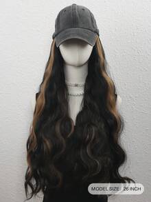 26 Inch Natural Black With Blonde Highlights Big Wave Curly Hair Extensions, Dark Grey Cowboy Baseball Cap Integrated Hat Wig, Heat-Resistant Synthetic Fiber, Adjustable, Suitable For Women - Brown Highlight - View 3
