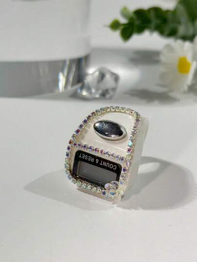 Contador de anillo electrónico con rhinestones personalizado, pantalla digital clara, función de reinicio con un solo botón, botón suave, disponible en varios colores, adecuado para hombres y mujeres, aplicable para oración diaria, actividades comerciales, juegos de entretenimiento, alivio del estrés, etc.