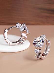 1 Pasang Anting Lingkaran Batu Zirkonia Kubik, Cocok Untuk Dekorasi Sehari-hari, Perhiasan Pesta Atau Hadiah Ulang Tahun Untuk Remaja - Perak - View 2