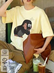 Damen Sommer/Herbst T-Shirt aus reiner Baumwolle, Cartoon-Tier-Muster, lässig sportlich, lockerer Schnitt, Große Größen - Gelb - Übersicht 2