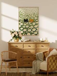 1pc Frameless Two Cats Peeking From Daisy Field Art Print, Whimsical Floral Background Poster For Bedroom, Dorm, Living Room Decor, Back To School, Funky Posters, Vintage Decor, College Dorm Essentials, Unique Gift - Cat - View 3