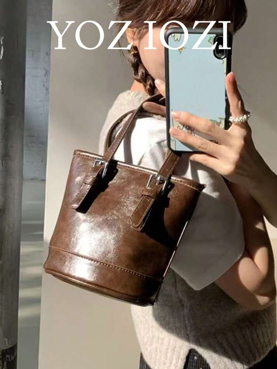 Koreanisches Ins Nische Design Einfarbige Eimer Tasche, vielseitige Mode Umhängetasche für Frauen, geeignet für Arbeit, Ausflüge, Pendeln, tägliches Einkaufen, Handtasche & Schultertasche - Braun - Übersicht 1
