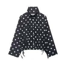Chaqueta casual de mujer de manga larga con lunares, abrigo de primavera de moda con cuello alto y botones delanteros en color negro - Negro - Ver 2
