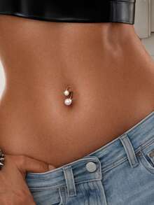 1件装925纯银双珍珠肚脐环 - 时尚圆形肚脐环肚脐钩 - 优雅肚脐饰品 - 單隻 - 查看 4