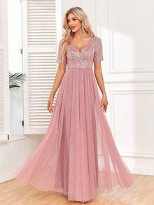 Vestido de noche rosa de línea A con cuello en V, manga corta y malla con lentejuelas, elegante vestido de gala formal, adecuado para invitados de boda, fiesta de cóctel, dama de honor, ceremonia de graduación - Rosa vieja - Ver 8