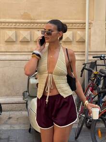 New Women's Y2K Baddie Style Brown Lace-Up Camisole Top, Sexy Backless Vest, Deep V-Neck Hollow Design, Suitable For Beach Vacation, Beach Party, Country Music Festival, Music Festival, Graduation Ceremony, Outing, Date - Brown - View 2