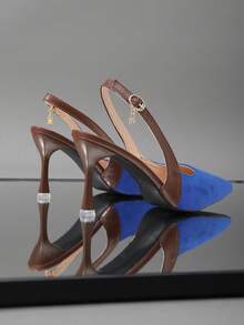 1 Pair White High Heel Sandals For Plus Size Teenage Girls, Soft Comfortable Suede Leather, Pointed Toe Thin Heel Metal Buckle Design, Fashionable French Style Open Toe Platform Wedge Sandals, Suitable For Casual, Holiday, Office, Shopping, Spring/Summer New Arrival - Blue - View 6