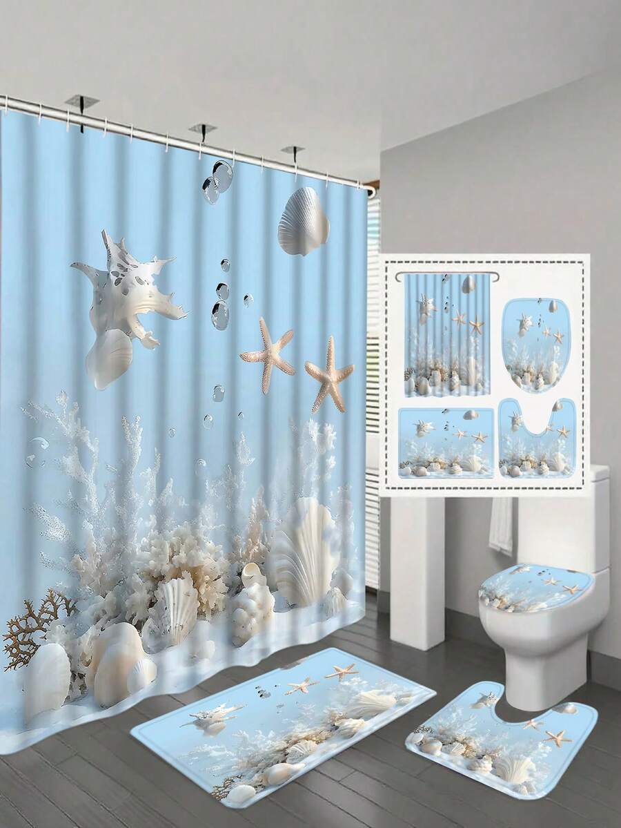 Bộ 4 rèm tắm chống thấm nước với họa tiết sao biển và vỏ sò, chủ đề nghệ thuật đồ họa, bao gồm 12 móc treo, có thể giặt máy, chất liệu polyester, phù hợp cho phòng tắm gia đình và khách sạn.