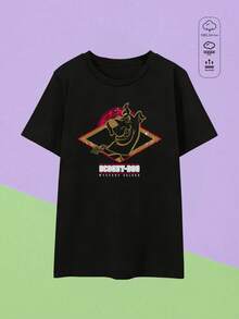 Elourie SHEIN X SCOOBY-DOO Damen-T-Shirt mit Rundhalsausschnitt, kurzen Ärmeln und lockerer Passform, einfarbig, aus 100 % Baumwolle. Das schwarze T-Shirt mit lustigem Cartoon-Welpen-Print im klassischen Stil eignet sich perfekt für Frühling/Sommer, Streetwear, Urlaub, Freizeit, Büro/Lounge/Zuhause/Outdoor-Sport, Retro-Stil, schlichtes, verspieltes Design, ganzjährig tragbar, mit Film- und Anime-Motiven, für Teenager, als Partnerlook, im Stil der 80er und 90er Jahre/Y2K, für die Feiertage. - Schwarz - Übersicht 1