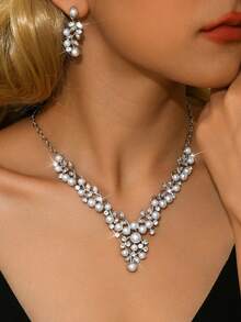 3件套珍珠形新娘女士时尚水晶项链套装，奢华珠宝套装，适合高档晚礼服和高档晚宴。 - 耳環+項鍊 - 查看 6