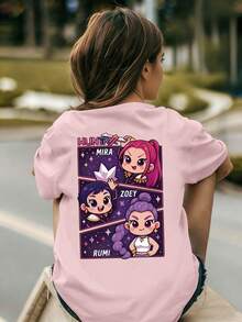 K-POP风格少女休闲时尚创意简约图案T恤，适合儿童夏季上衣和青少年衬衫。 - 粉色 - 查看 7