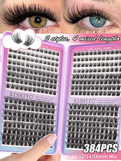 384pcs C-Curl Mixed Length 10-16mm Fluffy & Lightweight Natural Eyelash Extension Kit, Reusable Eyelash Clusters, C-Curl Individual False Eyelashes