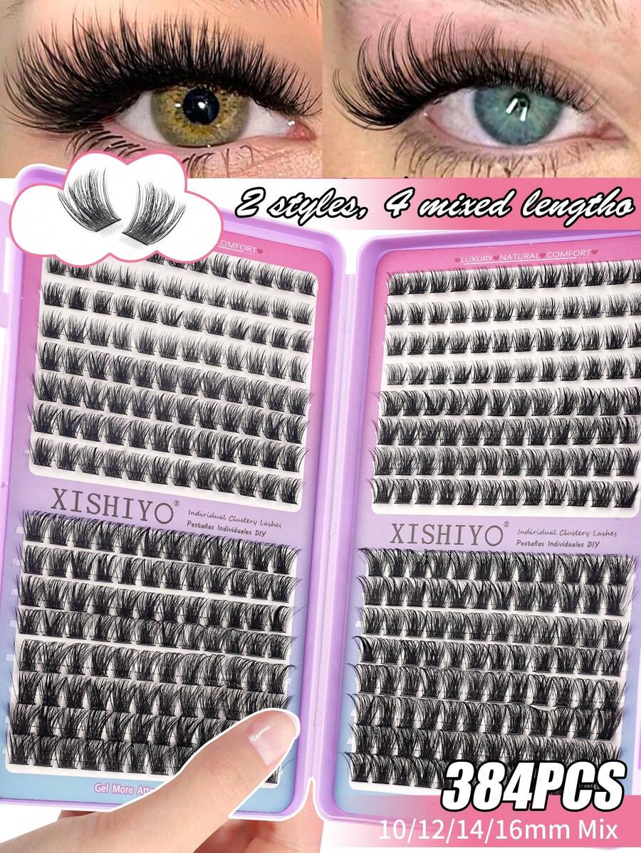 384pcs C-Curl Mixed Length 10-16mm Fluffy & Lightweight Natural Eyelash Extension Kit, Reusable Eyelash Clusters, C-Curl Individual False Eyelashes - View 1