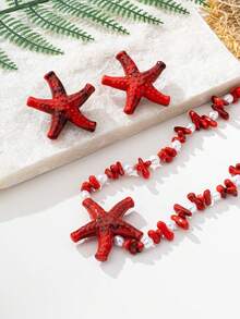 Set de 3 piezas con collar y aretes con cuentas de acrílico y perlas con estilo oceánico, adecuado para atuendos diarios y de vacaciones de mujeres - Rojo - Ver 3