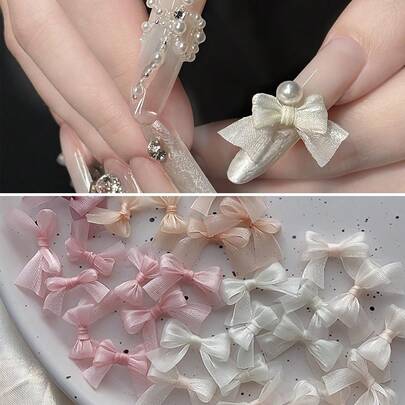 2 piezas Decoración de lazo de organza con perla soñadora para arte de uñas, cinta de organza, decoración de uñas, suministros de arte de uñas DIY, uñas con brillo