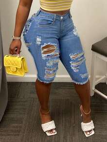 Women's Casual Washed Distressed Skinny Denim Shorts Summer - Light Wash - View 4