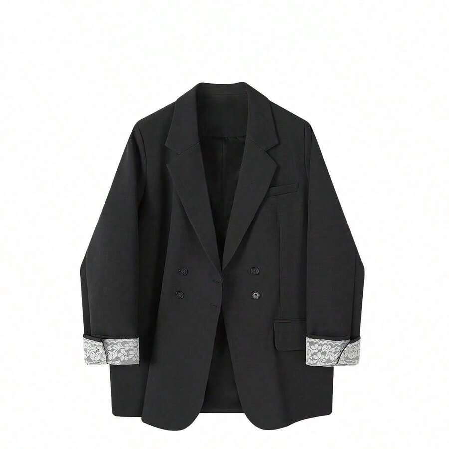 Elegant Casual & Formal Lace Cuff Blazer For Women, Oversized Double-Breasted Versatile Top, Suitable For Holiday Spring Black Fall - Black - View 1
