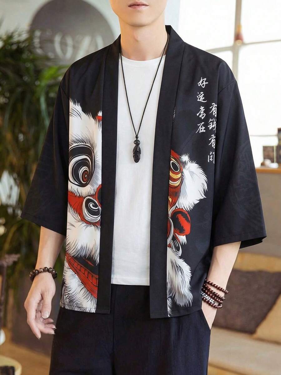Áo khoác cardigan tay lửng 3/4 in hình sư tử thức tỉnh, kiểu kimono dáng rộng, nhẹ dành cho nam. - màu đen - Xem 1