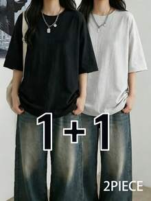 2件/套 女士休闲圆领宽松纯色短袖T恤，日系春夏款 - 黑+淺花灰 - 查看 2