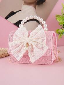 1pc Large Size Beaded Bow Decor PU Straw Material Flap Closure Casual Beaded Handbag Chain Shoulder Bag Fashion Snack & Coin Purse, Suitable For Holidays And Daily Use - Pink Straw Beaded Bow - View 3