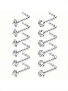 12pcs Stainless Steel Nose Stud Set, Shiny Cubic Zirconia Round Nose Piercing Jewelry Set, Party Gift - Silver - View 5