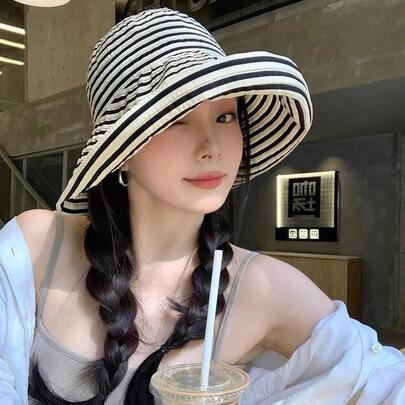 Vintage Striped Wide Brim Bucket Hat For Women, Foldable Versatile Casual Sun Protection Hat, Outdoor Sunscreen, Striped Bohemian Fabric
