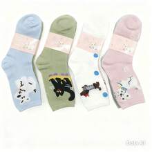 Women's Mid-Calf Socks With Cute Cat And Dog Cartoon Print, 35% Cotton, 65% Polyester, Sizes 35 To 40 - 彩色 - 查看 2