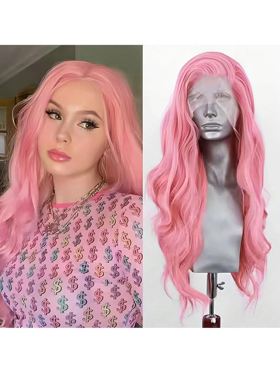 合成前额蕾丝假发，波浪卷蕾丝假发，女士粉色假发，耐热长波浪假发，淡粉色日常佩戴，角色扮演 - 彩色 - 查看 1