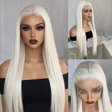 13*4 Spitze Synthetische Perücken Platin Weiß Lang Gerade Hitzebeständiges Haar Perücke für 30 Zoll 150% Dichte, Hochzeitsperücken, modische Party Perücken, Alltagsperücken, erschwingliche und realistische Perücken, Muttertags Perücken - Silber - Übersicht 2